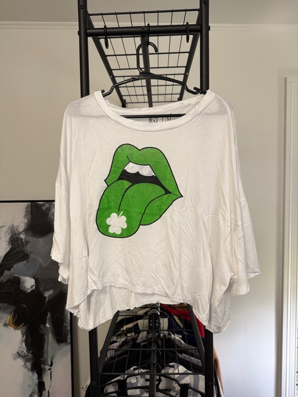 White Cropped Graphic Tee with Green Lips and Clover